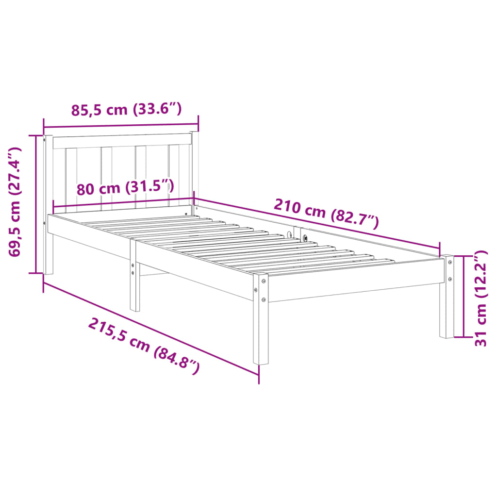 Bedframe extra lang zonder matras massief grenenhout 80x210 cm