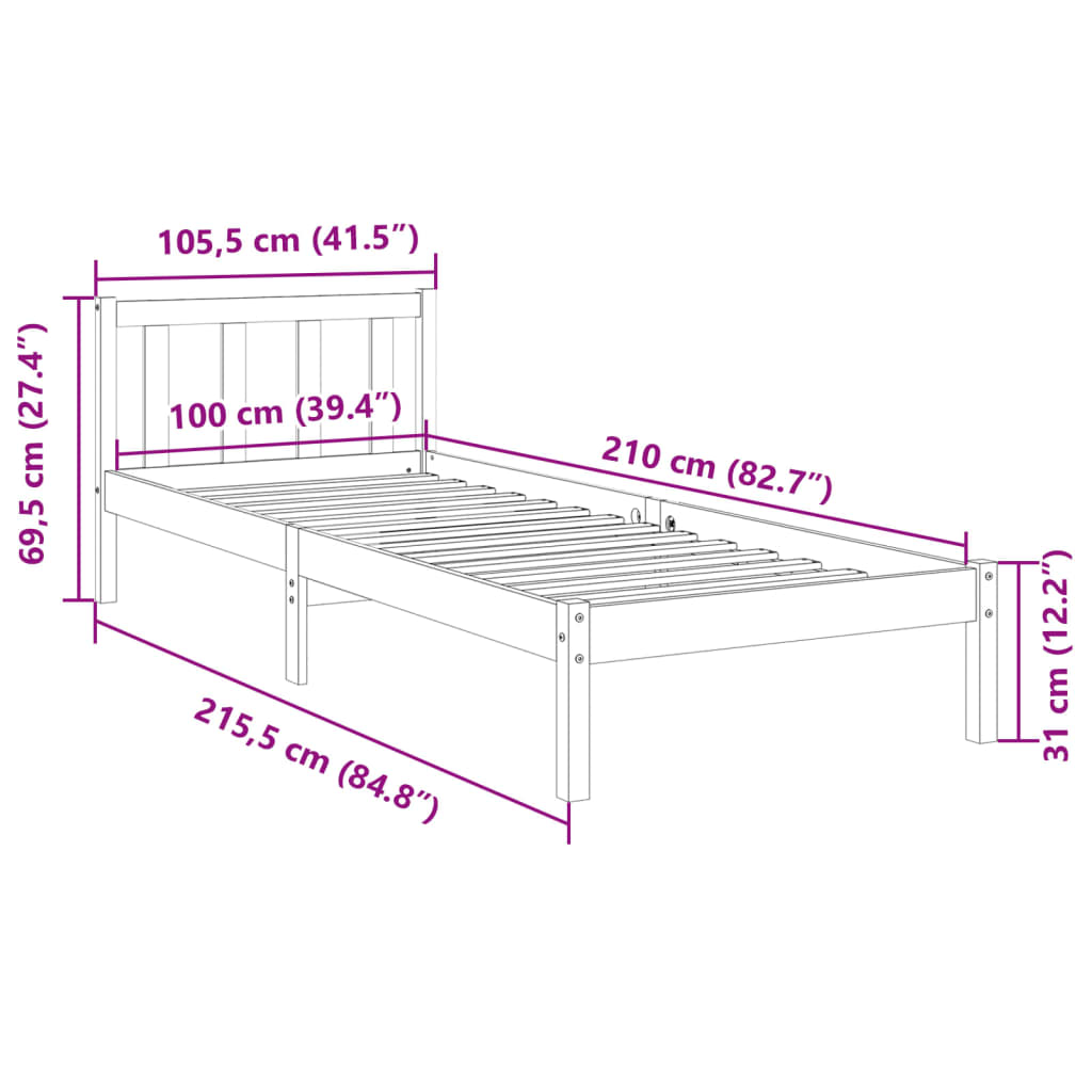 Bedframe extra lang zonder matras massief grenenhout 100x210 cm