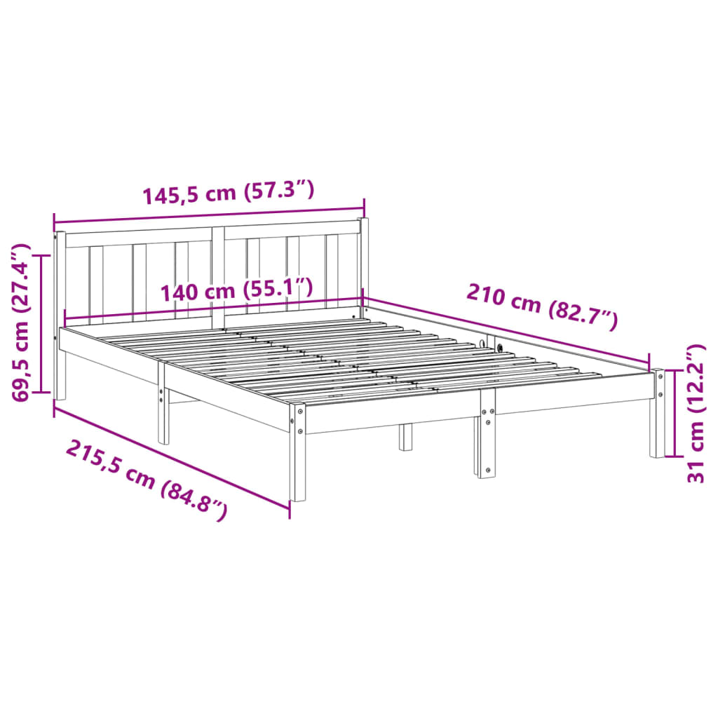 Bedframe extra lang zonder matras massief grenenhout 140x210 cm