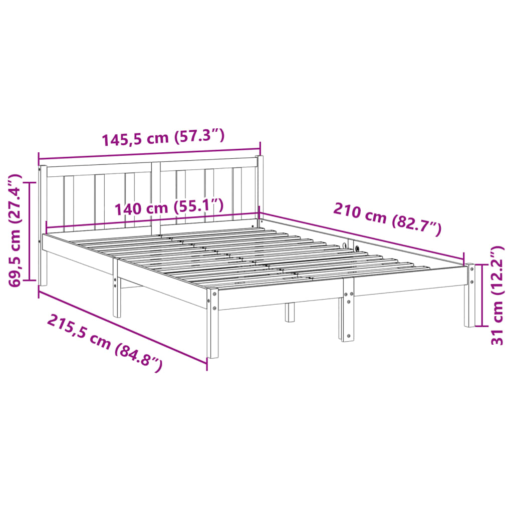 Bedframe extra lang zonder matras grenenhout wit 140x210 cm