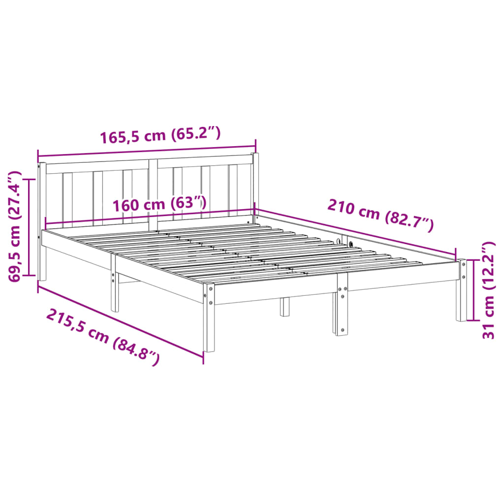 Bedframe extra lang zonder matras massief grenenhout 160x210 cm