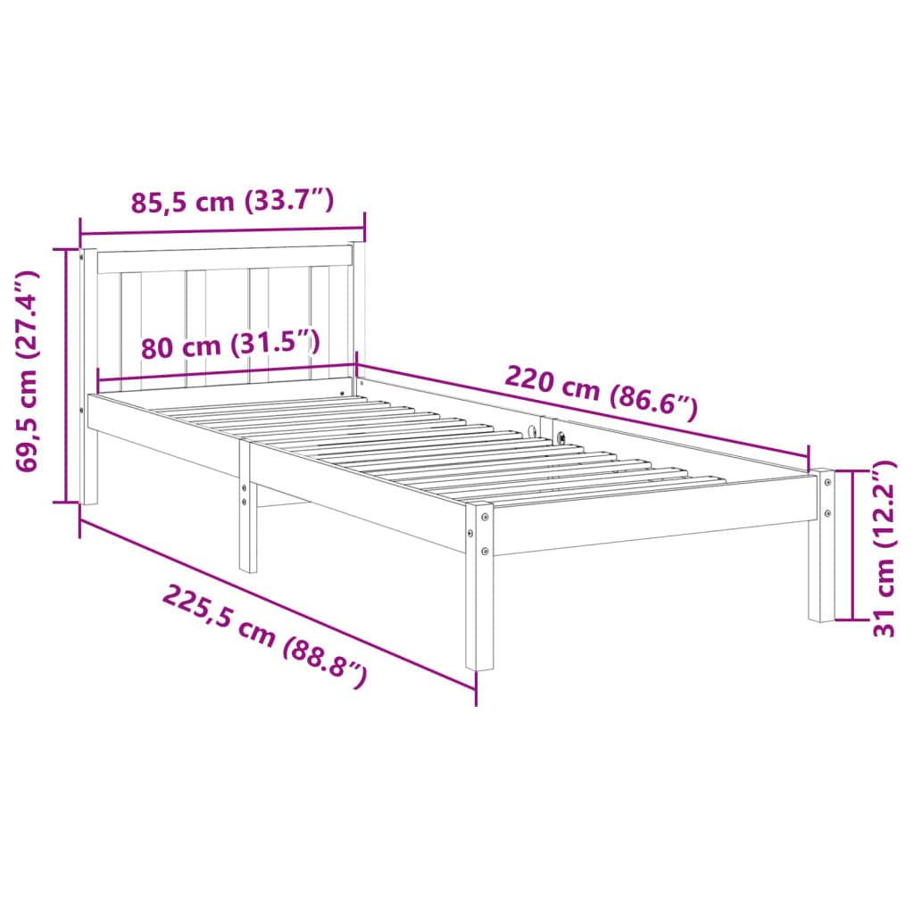 Bedframe extra lang zonder matras grenenhout wit 80x220 cm