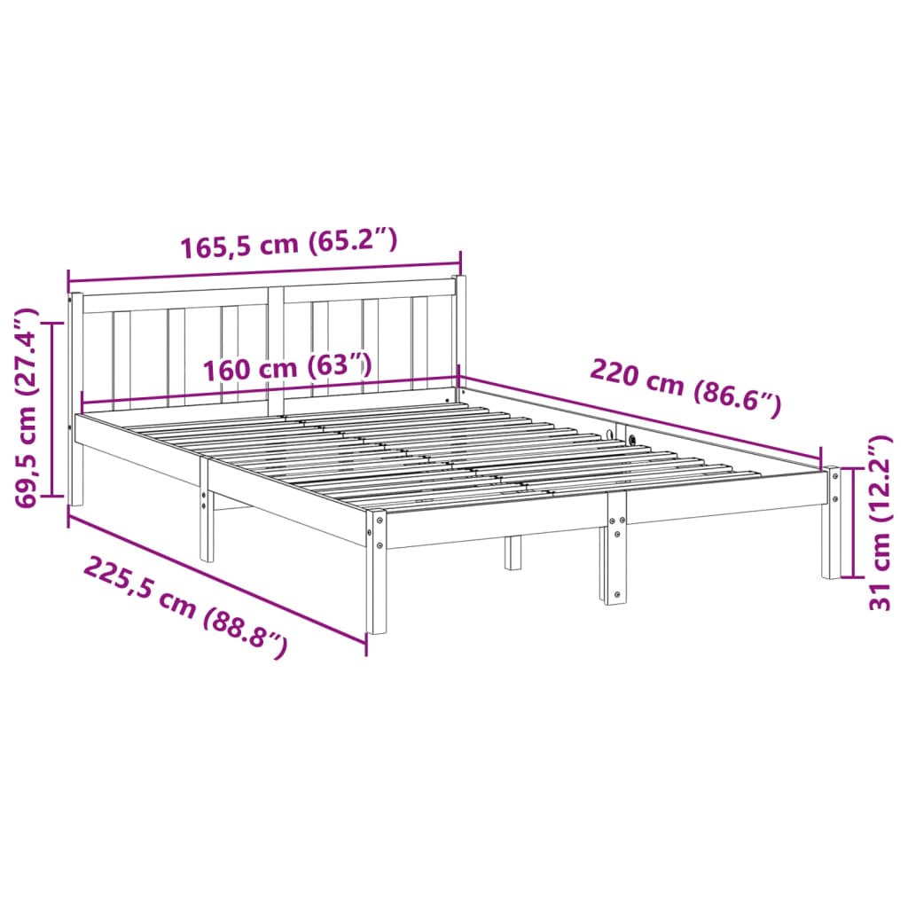 Bedframe extra lang zonder matras massief grenenhout 160x220 cm