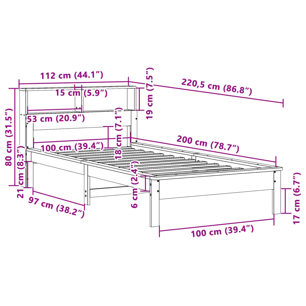 Bed met boekenkast zonder matras grenenhout wasbruin 100x200 cm