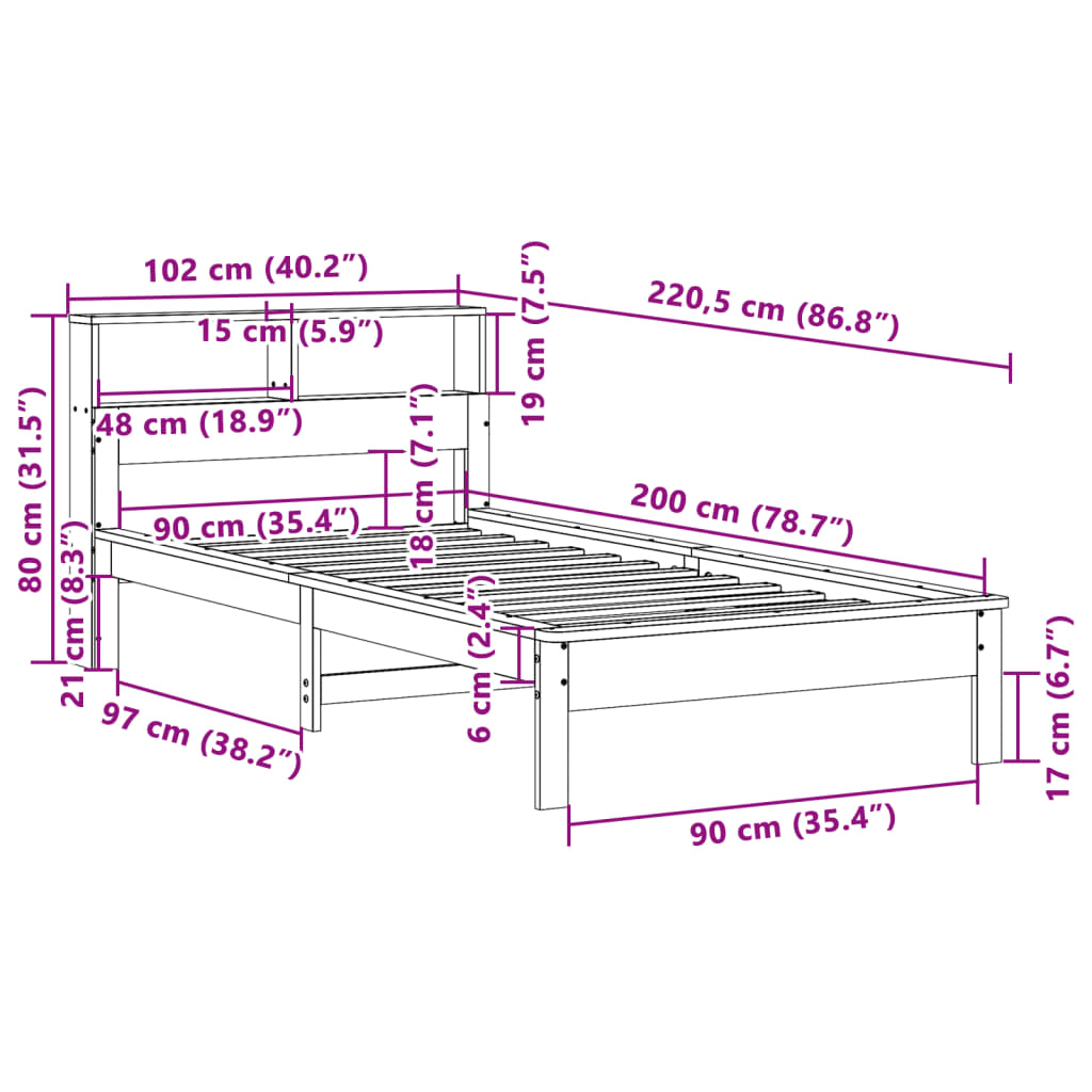 Bed met boekenkast zonder matras massief grenenhout 90x200 cm