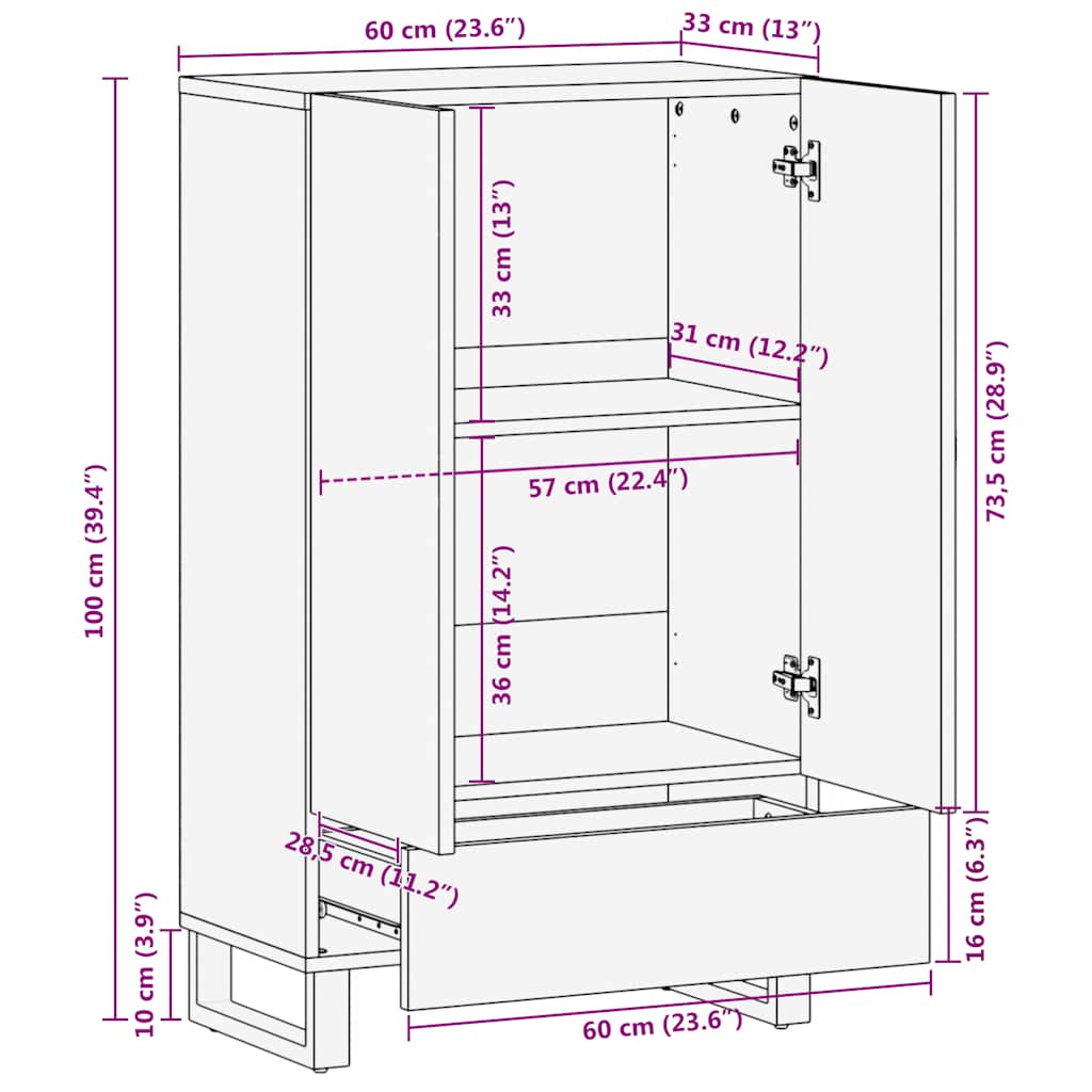 Hoge kast 60x33x100 cm massief mangohout zwart