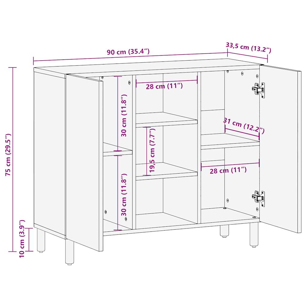 Dressoir 90x33,5x75 cm massief ruw mangohout