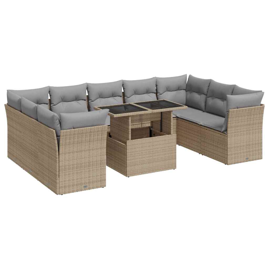 10-delige Loungeset met kussens poly rattan beige