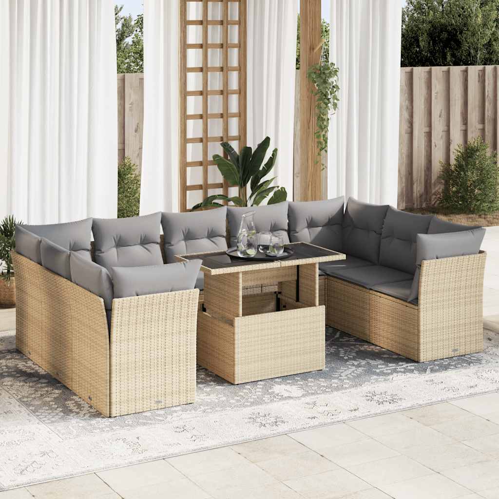 10-delige Loungeset met kussens poly rattan beige