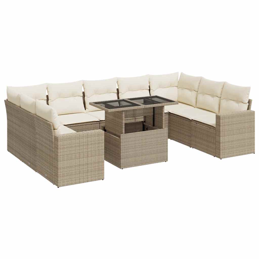 10-delige Loungeset met kussens poly rattan beige