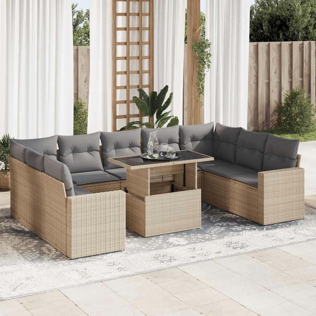 10-delige Loungeset met kussens poly rattan beige