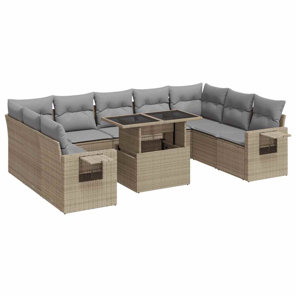 10-delige Loungeset met kussens poly rattan beige