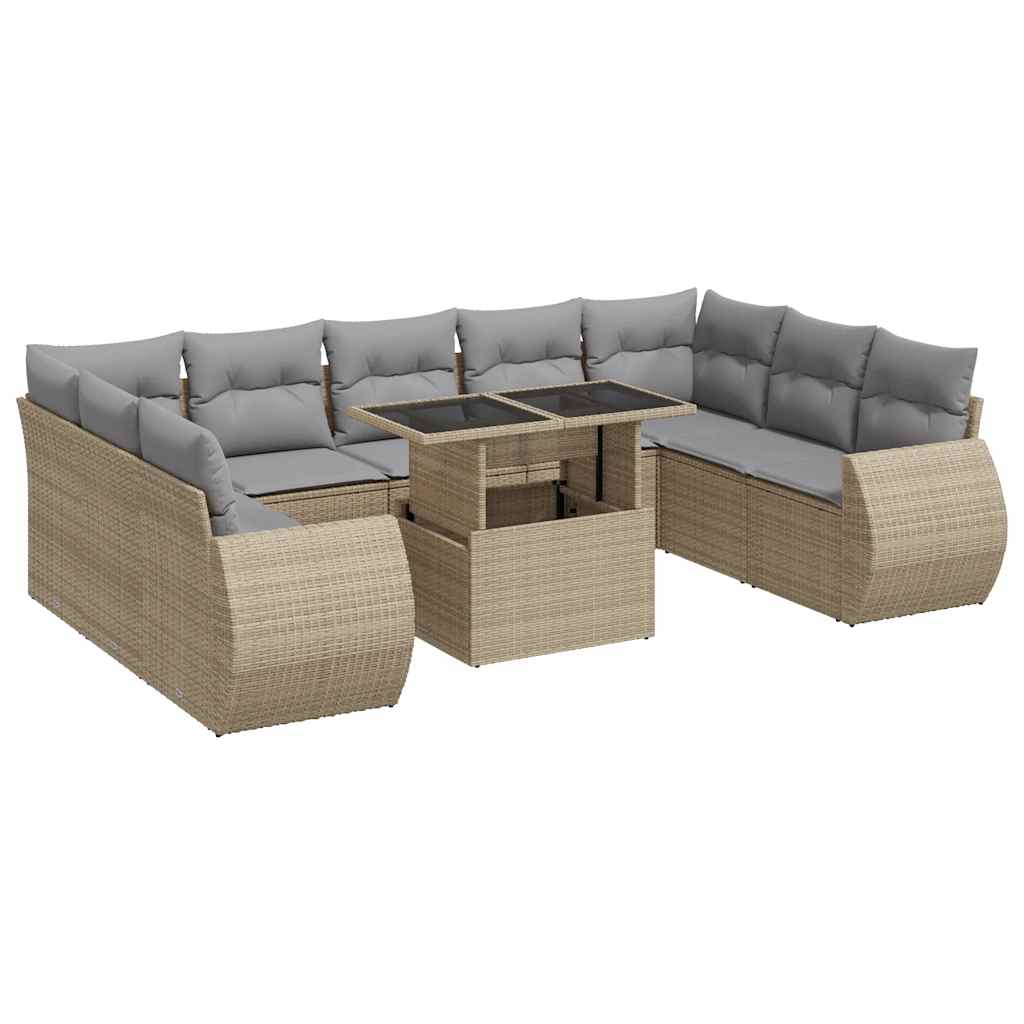 10-delige Loungeset met kussens poly rattan beige