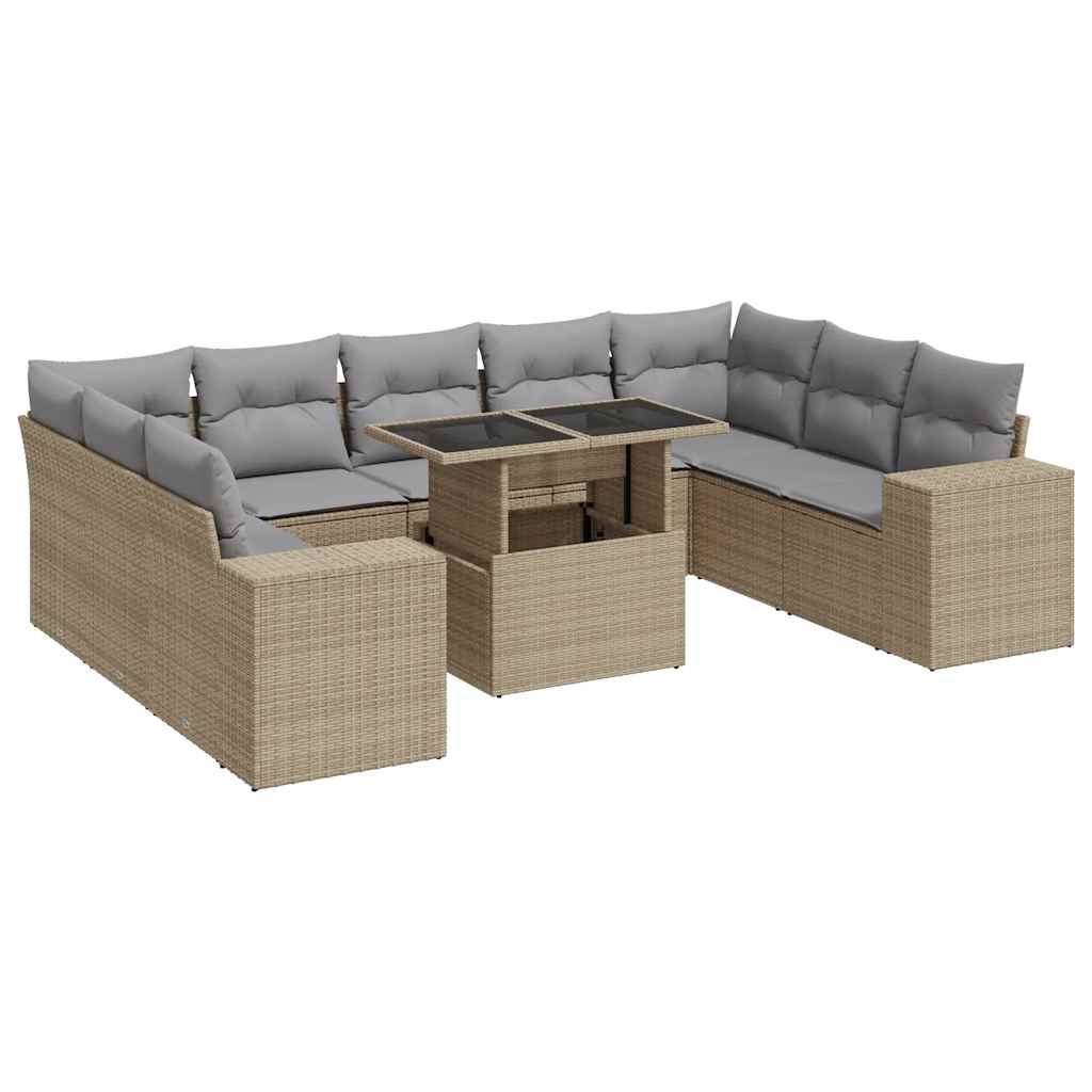 10-delige Loungeset met kussens poly rattan beige