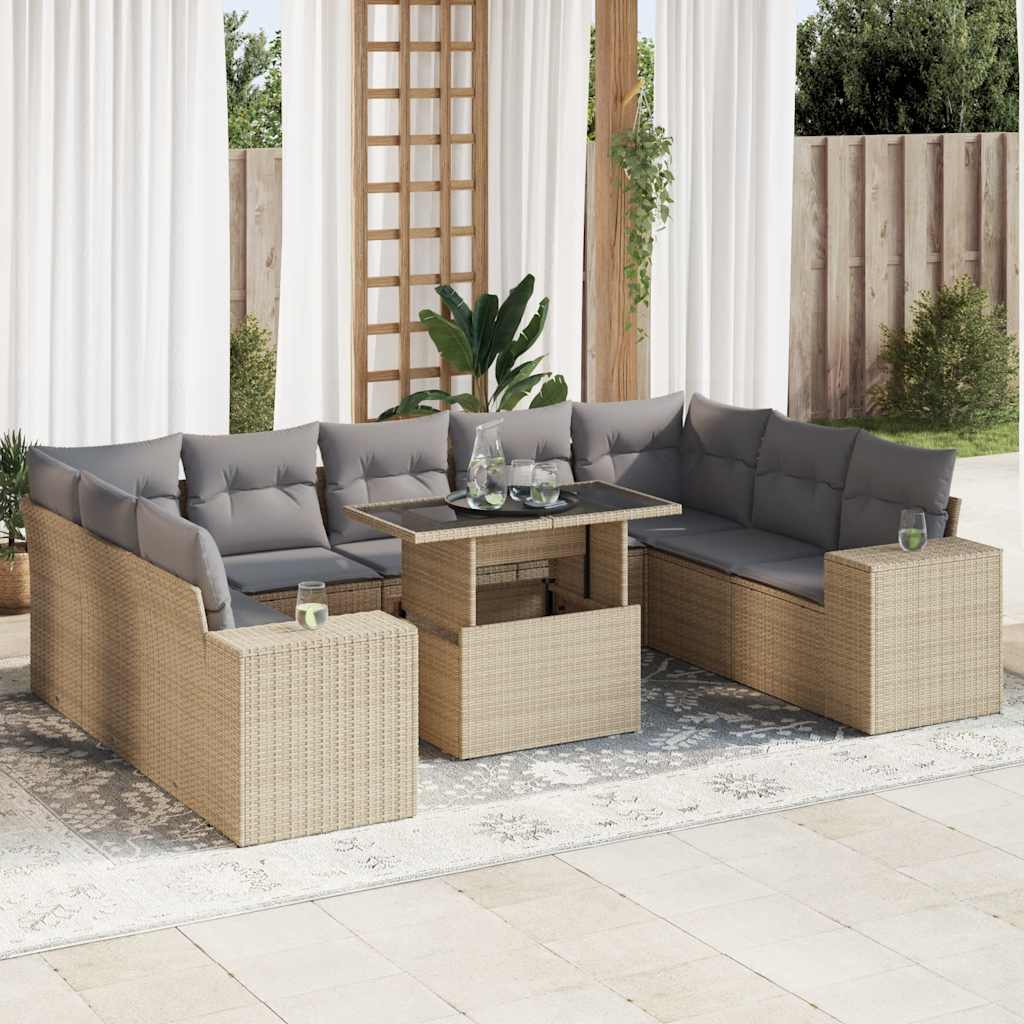 10-delige Loungeset met kussens poly rattan beige