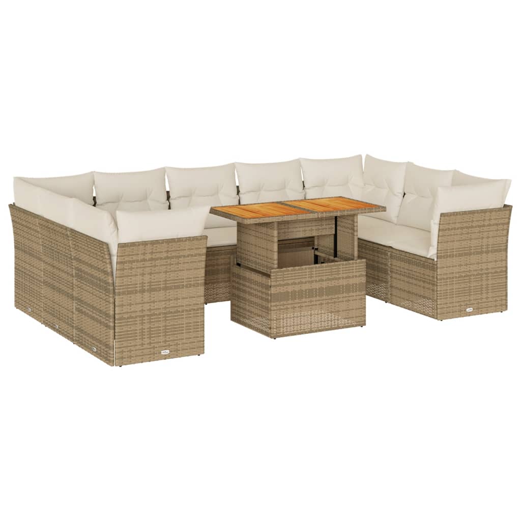 10-delige Loungeset met kussens poly rattan beige