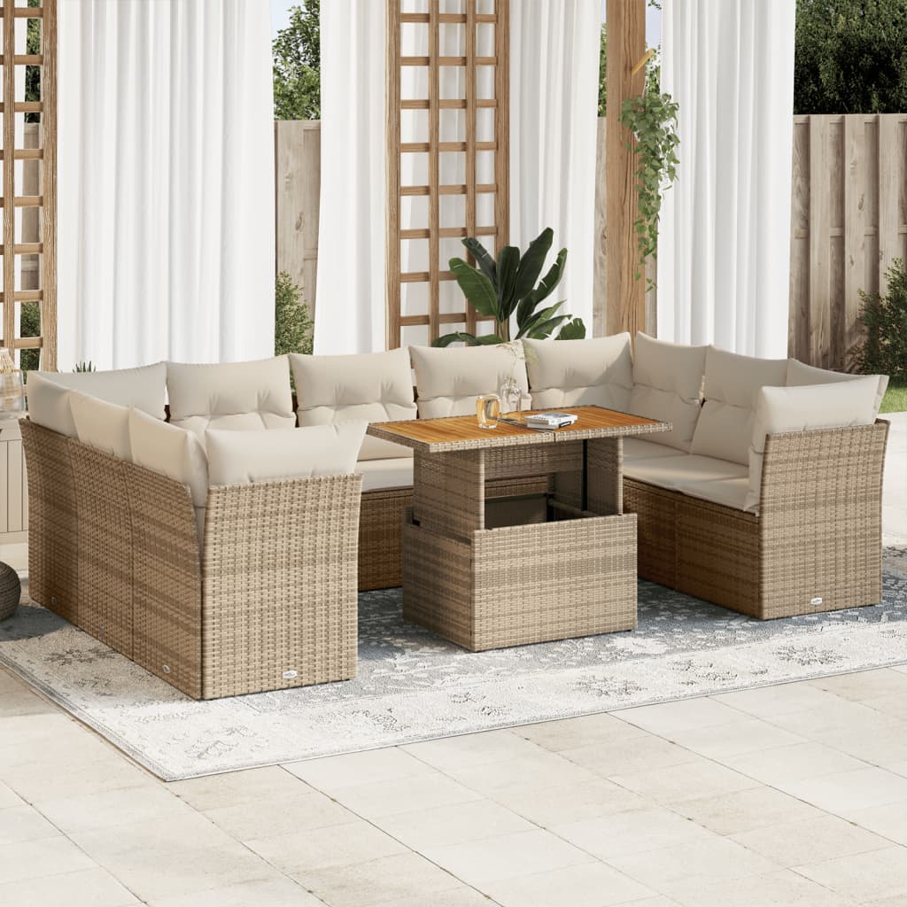 10-delige Loungeset met kussens poly rattan beige