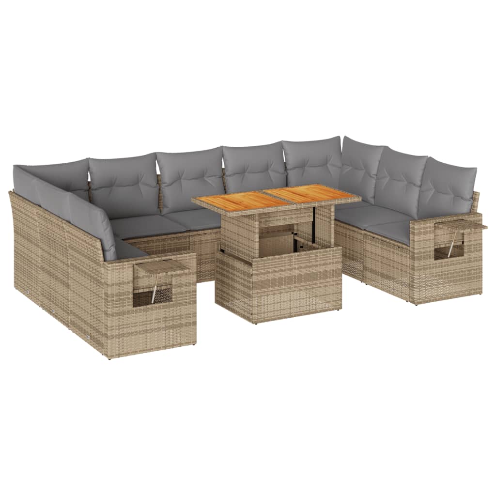 10-delige Loungeset met kussens poly rattan beige