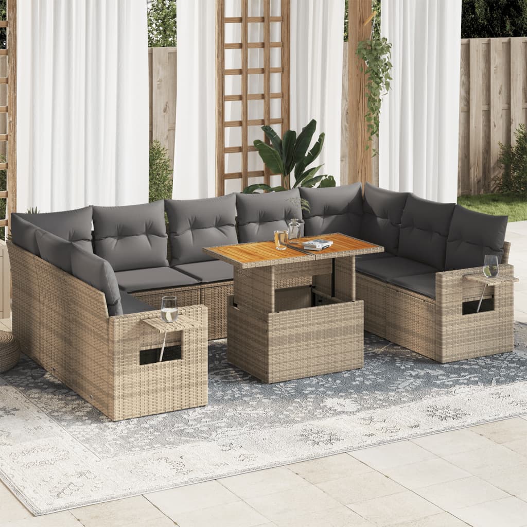 10-delige Loungeset met kussens poly rattan beige