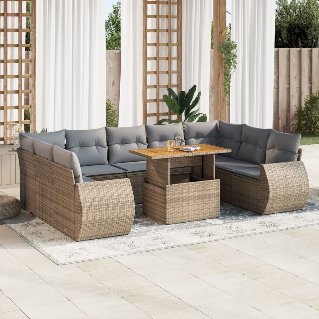 10-delige Loungeset met kussens poly rattan beige