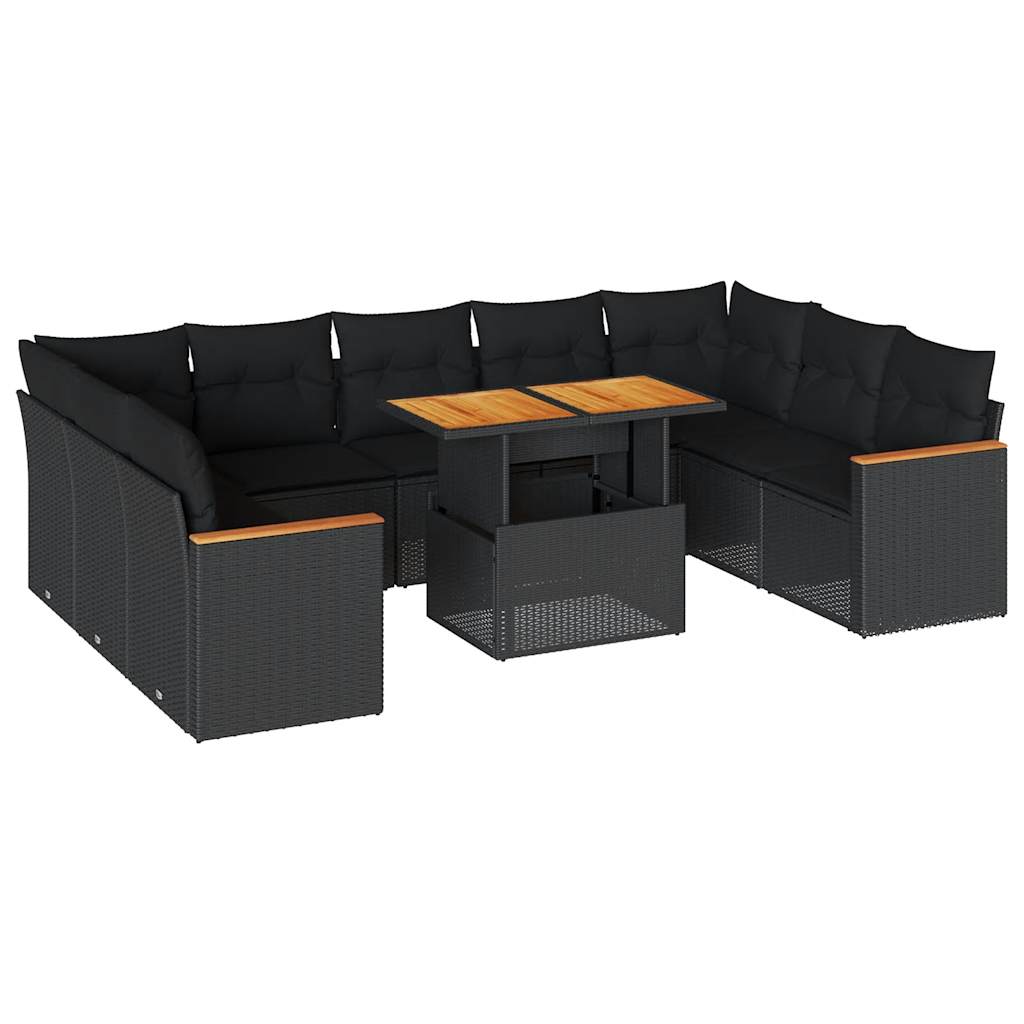 10-delige Loungeset met kussens poly rattan acacia zwart