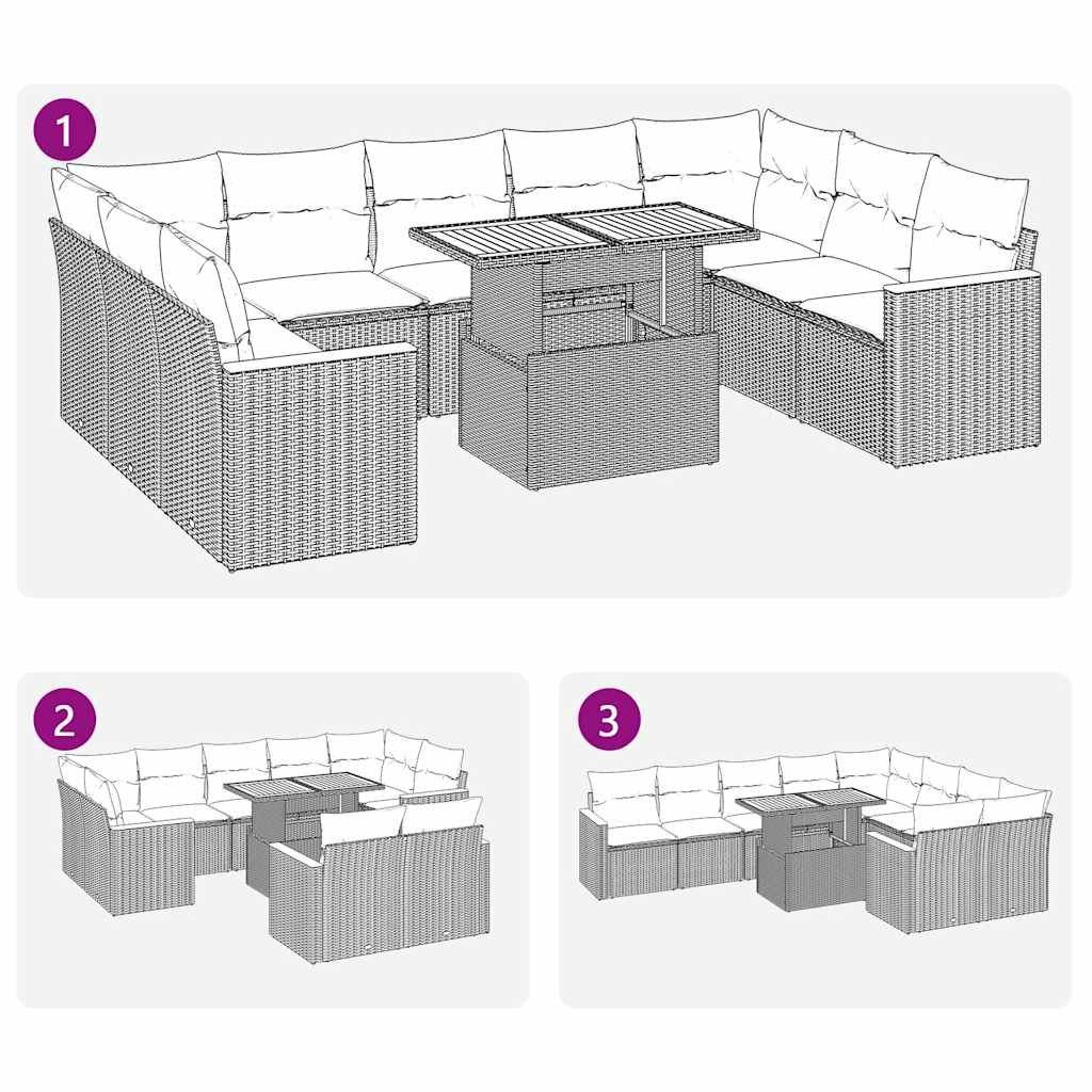 10-delige Loungeset met kussens poly rattan acacia zwart