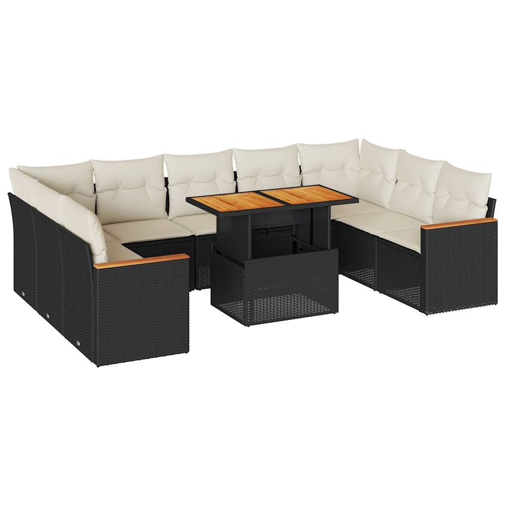 10-delige Loungeset met kussens poly rattan acacia zwart