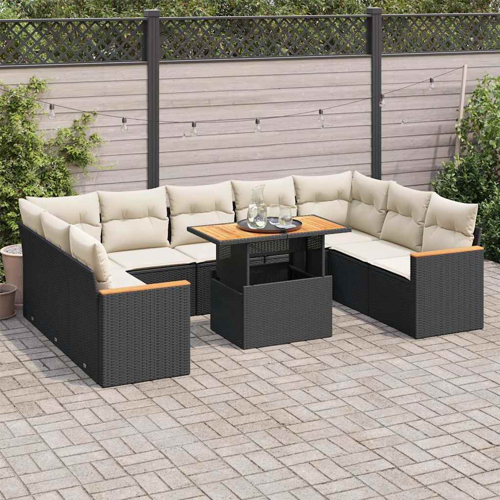 10-delige Loungeset met kussens poly rattan acacia zwart