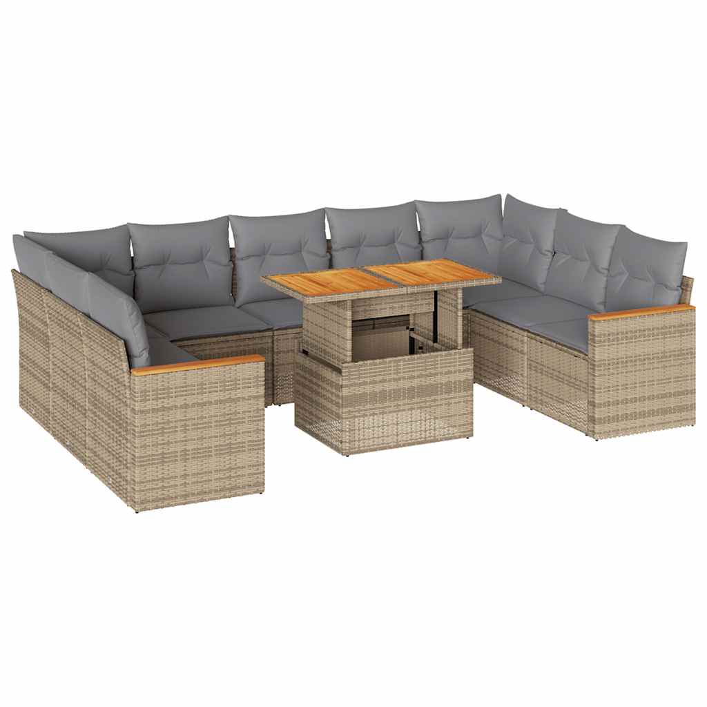 10-delige Loungeset met kussens poly rattan acacia beige