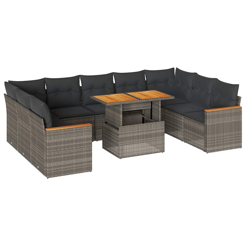 10-delige Loungeset met kussens poly rattan acacia grijs