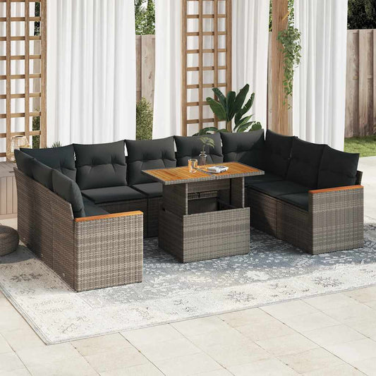 10-delige Loungeset met kussens poly rattan acacia grijs