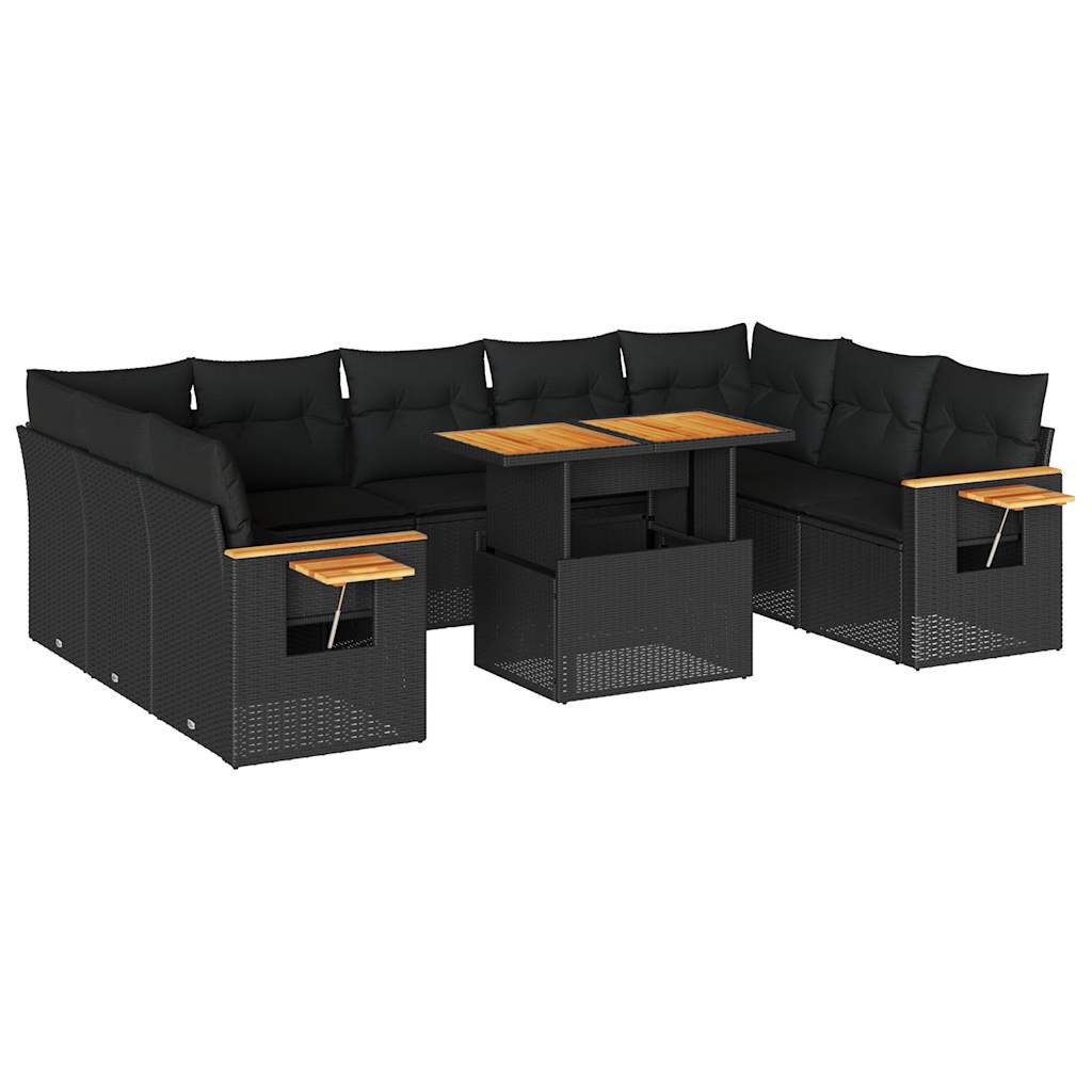 10-delige Loungeset met kussens poly rattan acacia zwart