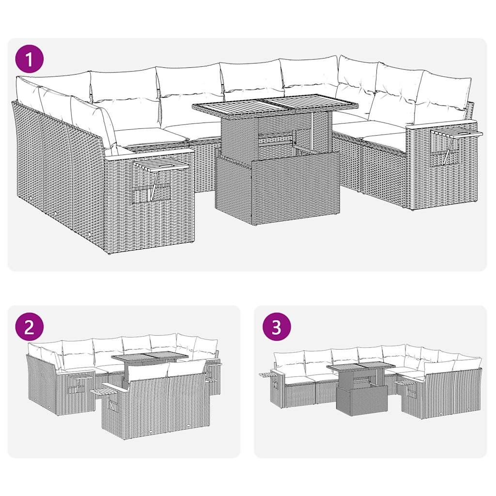 10-delige Loungeset met kussens poly rattan acacia zwart