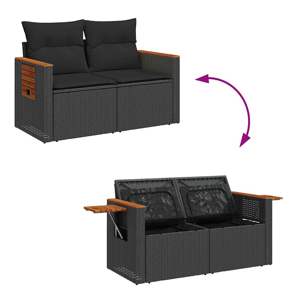 10-delige Loungeset met kussens poly rattan acacia zwart