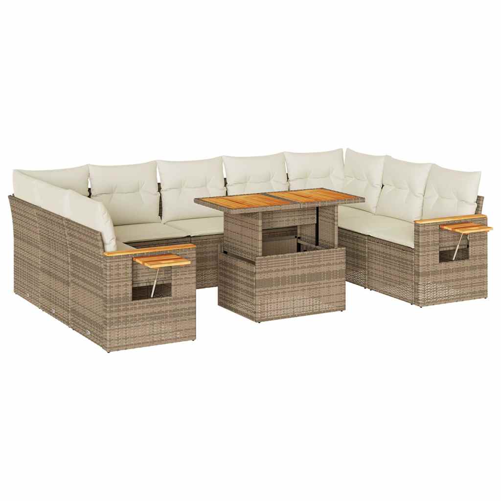 10-delige Loungeset met kussens poly rattan acacia beige