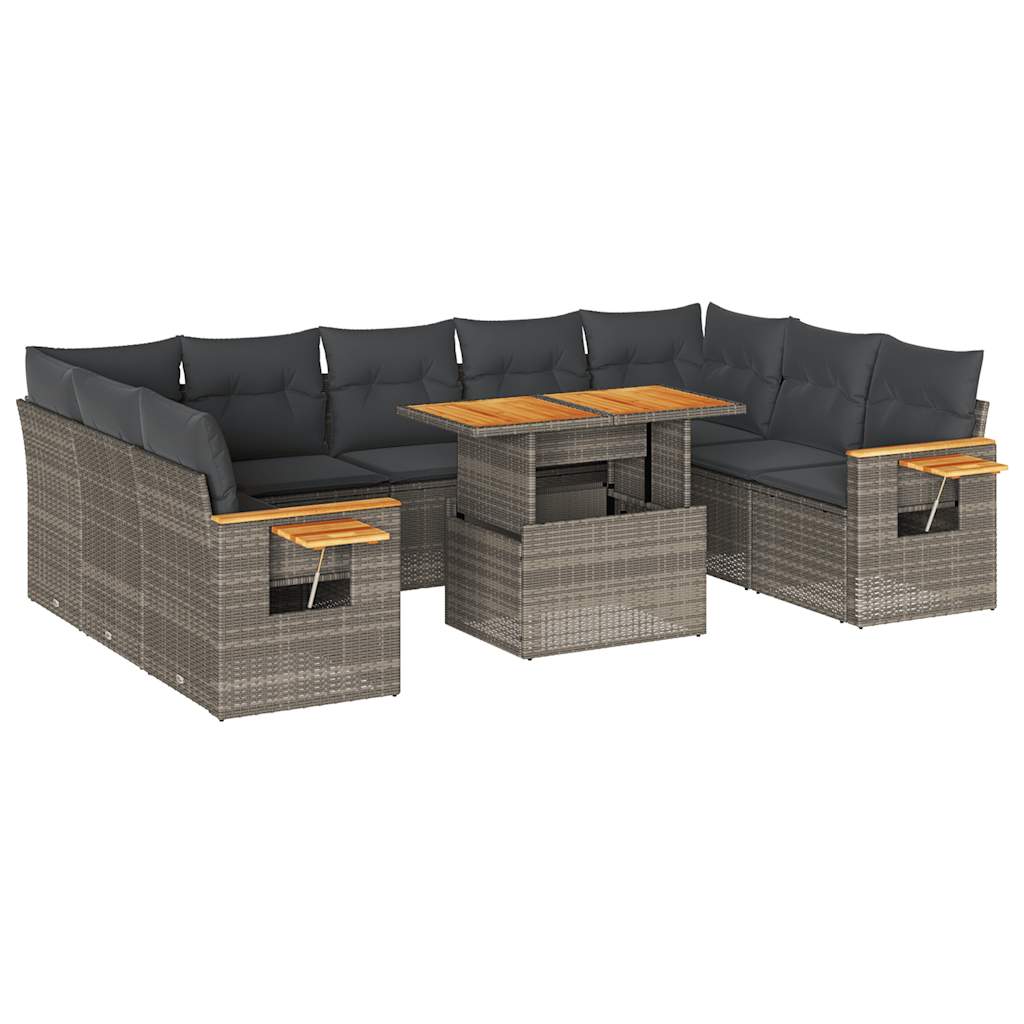 10-delige Loungeset met kussens poly rattan acacia grijs