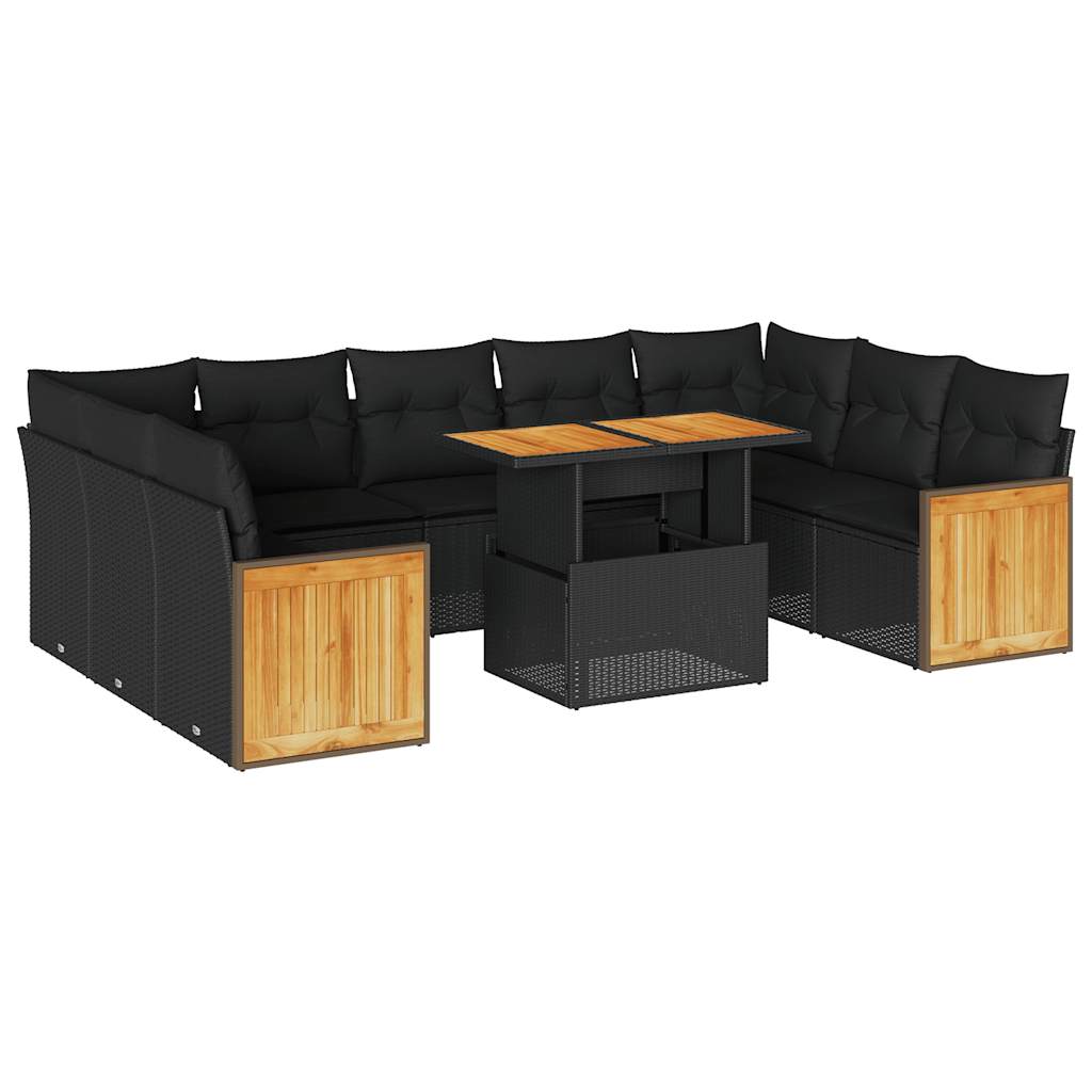 10-delige Loungeset met kussens poly rattan acacia zwart