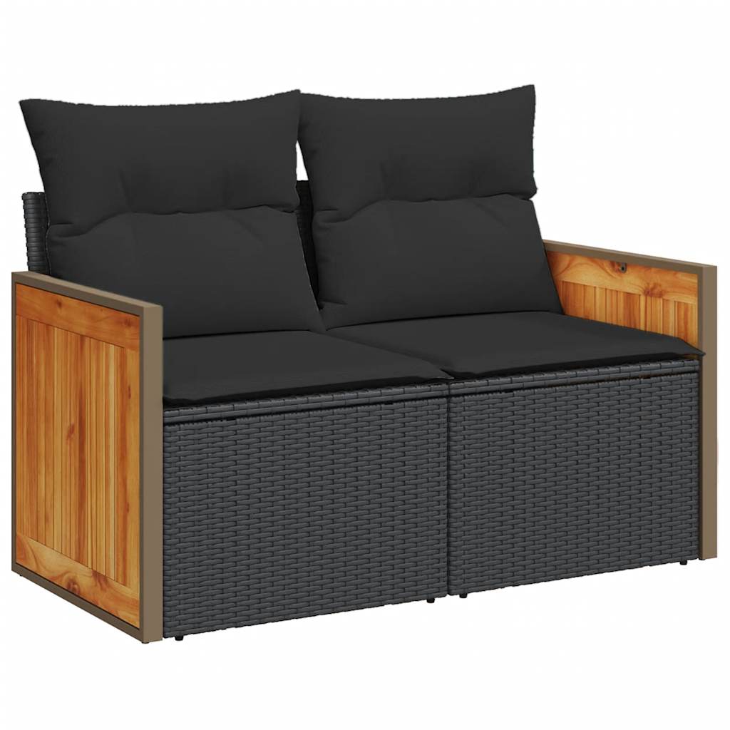 10-delige Loungeset met kussens poly rattan acacia zwart