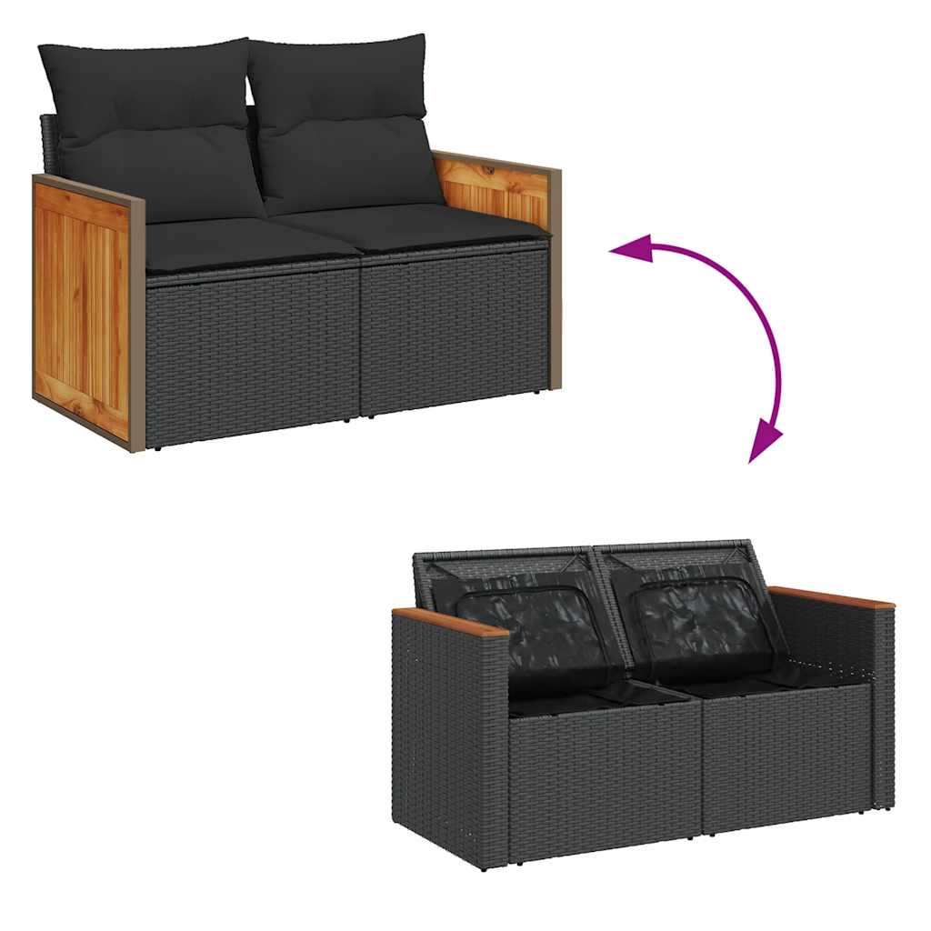 10-delige Loungeset met kussens poly rattan acacia zwart