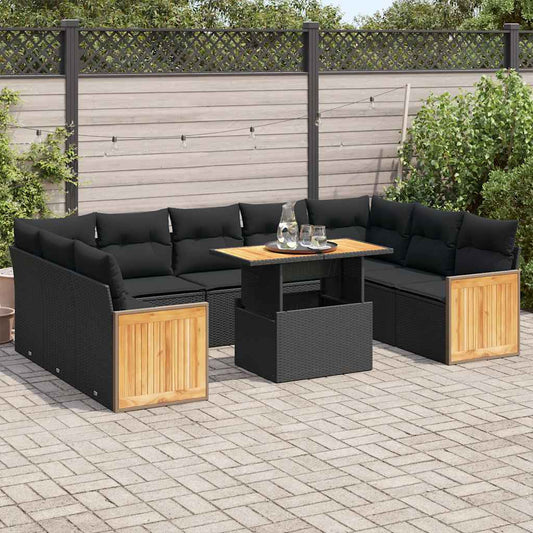 10-delige Loungeset met kussens poly rattan acacia zwart