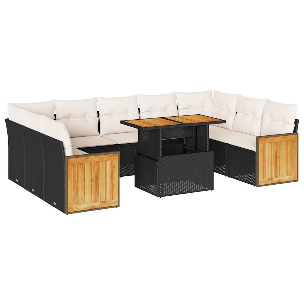 10-delige Loungeset met kussens poly rattan acacia zwart