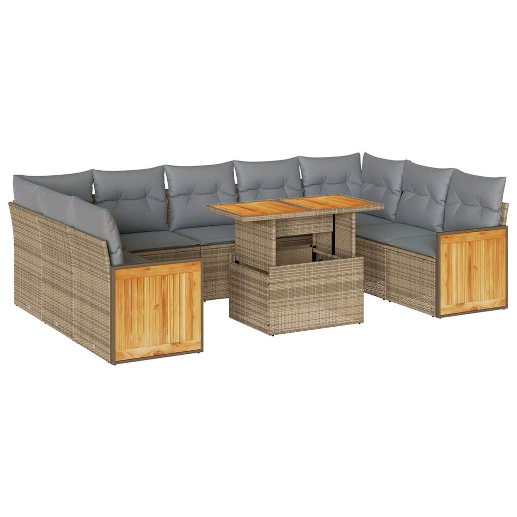 10-delige Loungeset met kussens poly rattan acacia beige