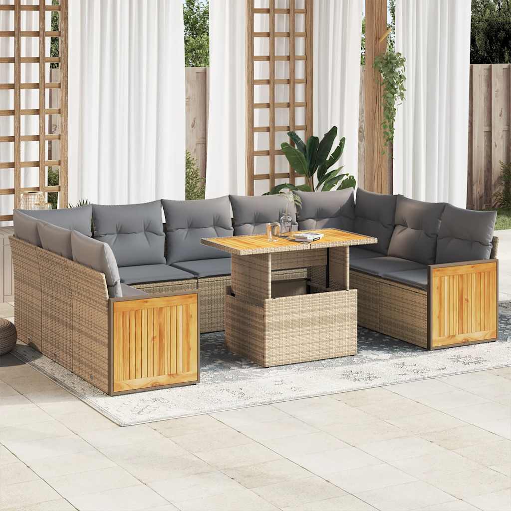 10-delige Loungeset met kussens poly rattan acacia beige