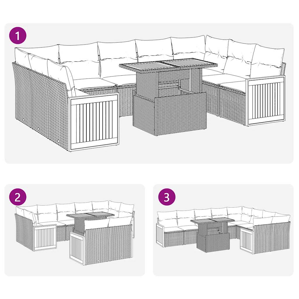 10-delige Loungeset met kussens poly rattan acacia grijs