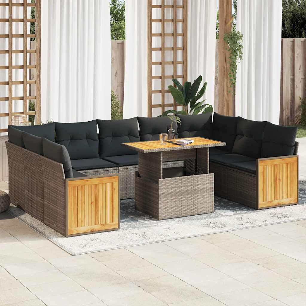 10-delige Loungeset met kussens poly rattan acacia grijs