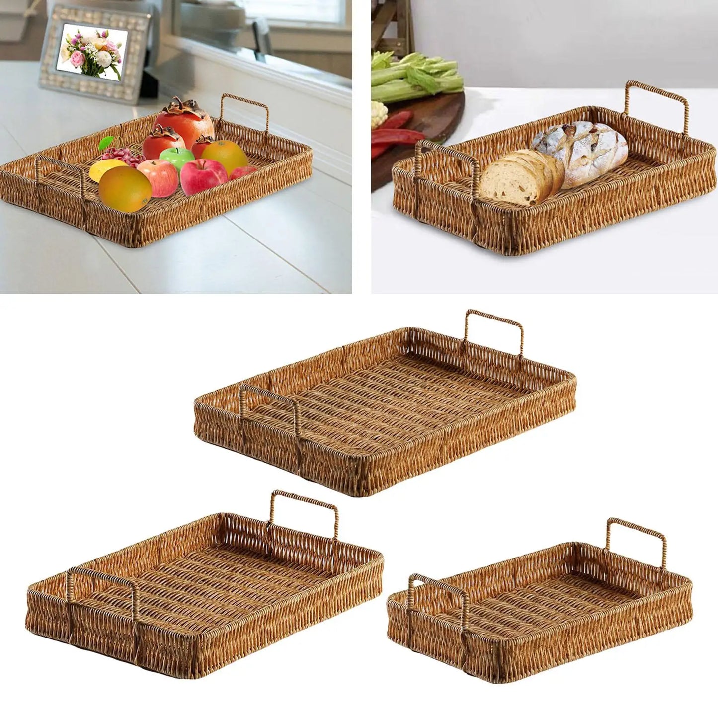 Hand Woven Fruit Serving Tray Snack Bread Trays Rectangle for Centerpiece