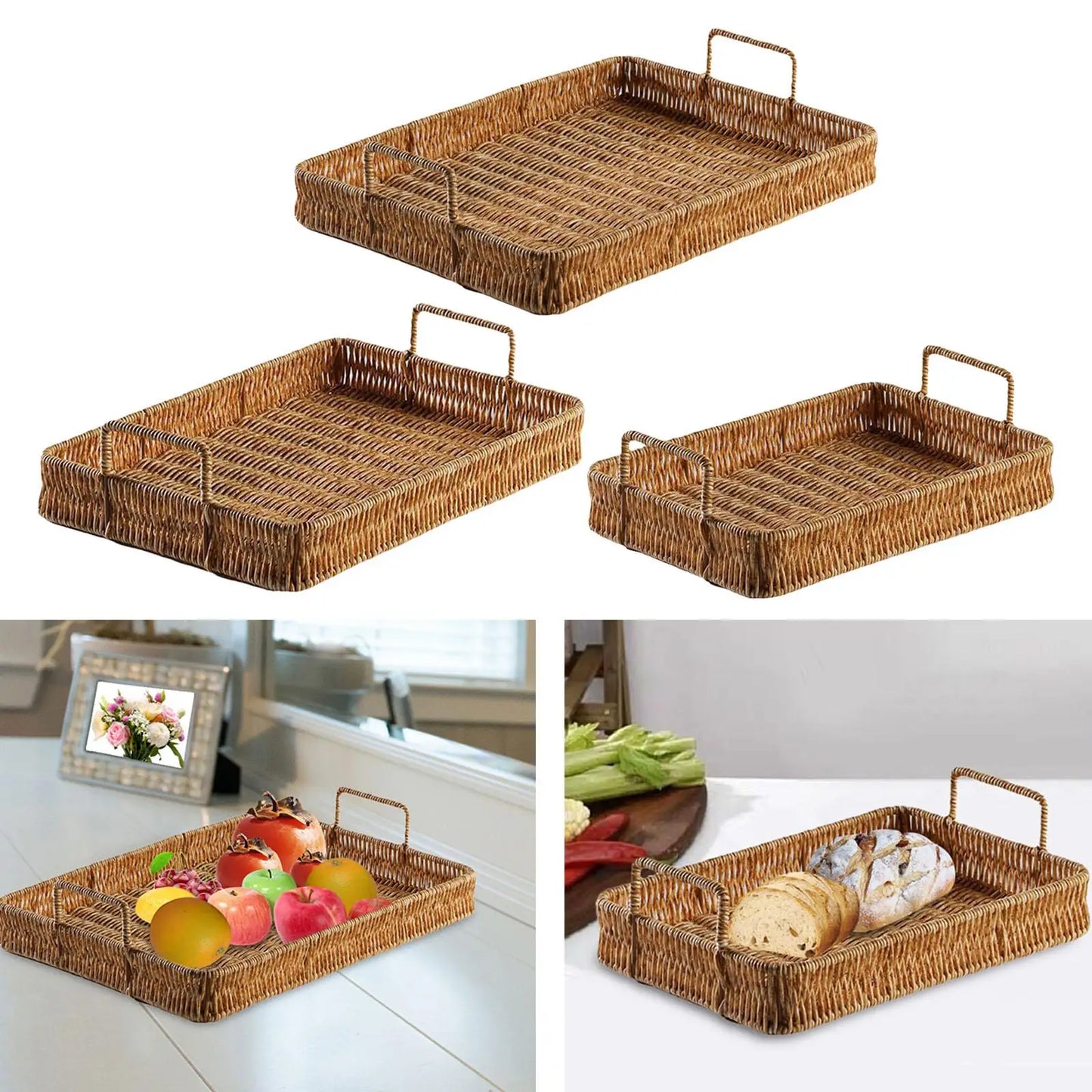 Hand Woven Fruit Serving Tray Snack Bread Trays Rectangle for Centerpiece